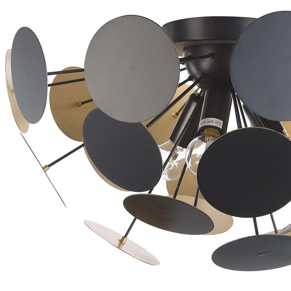 Lampada da Soffitto in Metallo dorato e Nero Emisfero Paralume di Cerchi 2 Lampadine Industriale Art Déco