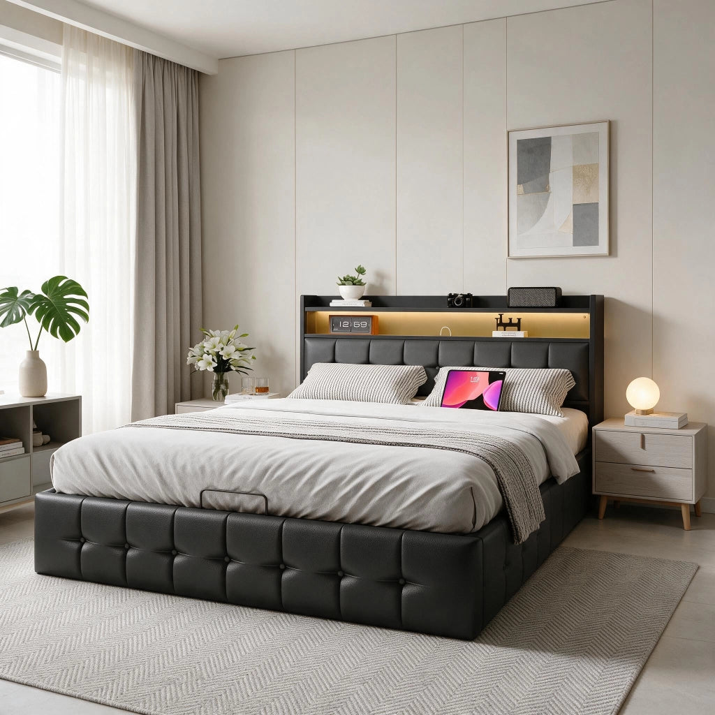 Letto matrimoniale 160x200 cm con contenitore LED USB testiera struttura letto MDF e PU - nero
