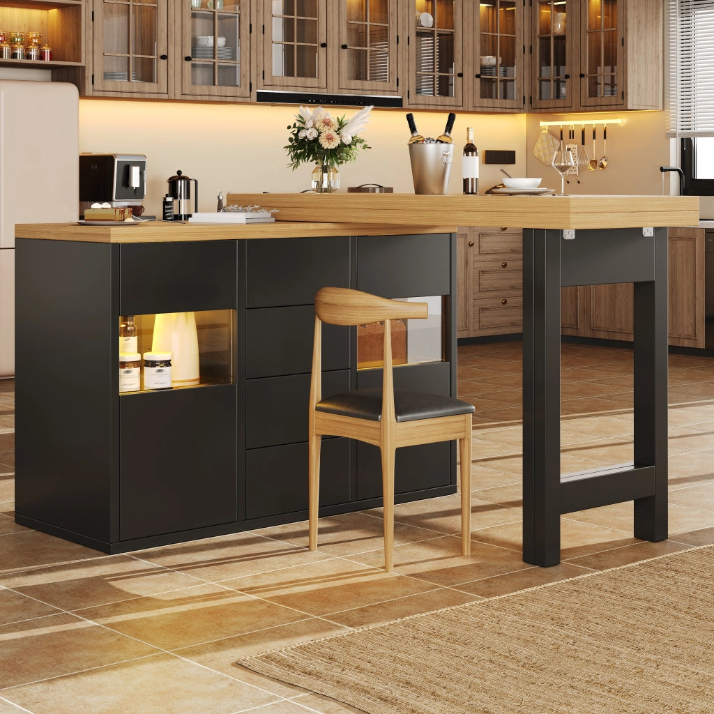 Dispensa da cucina con 4 cassetti; ante in vetro e LED RGB; piano girevole 360°; per cucina; nero; 120 × 40 × 73.8 cm