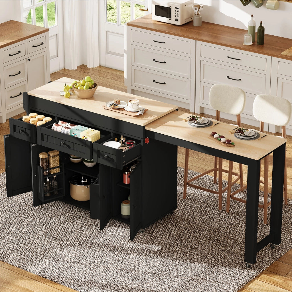 Mobile cucina con 3 cassetti; piano estraibile e ripiani regolabili per cucina in MDF nero naturale 137-190.6 × 45.2 × 92 cm