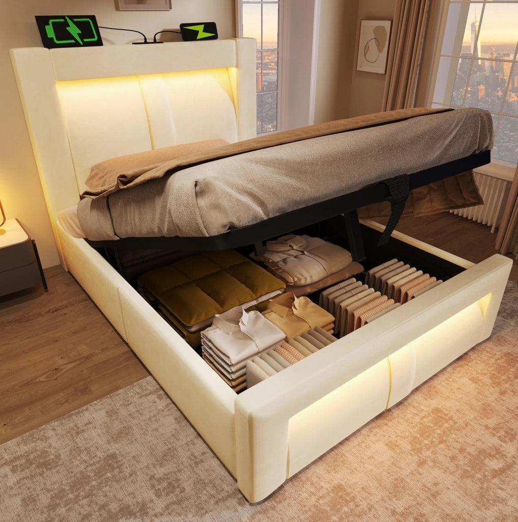 Letto contenitore 90x200 cm con LED; porte USB e USB C; velluto beige; senza materasso