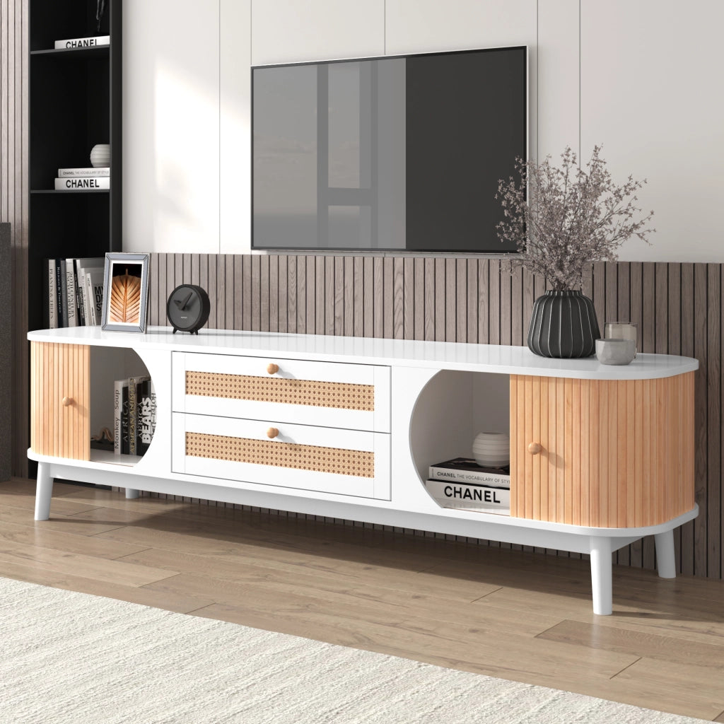 Mobile TV con 2 Ante e 2 Cassetti in Rattan; Stile Naturale; Soggiorno; 170??39;5??46 cm; in MDF; Bianco