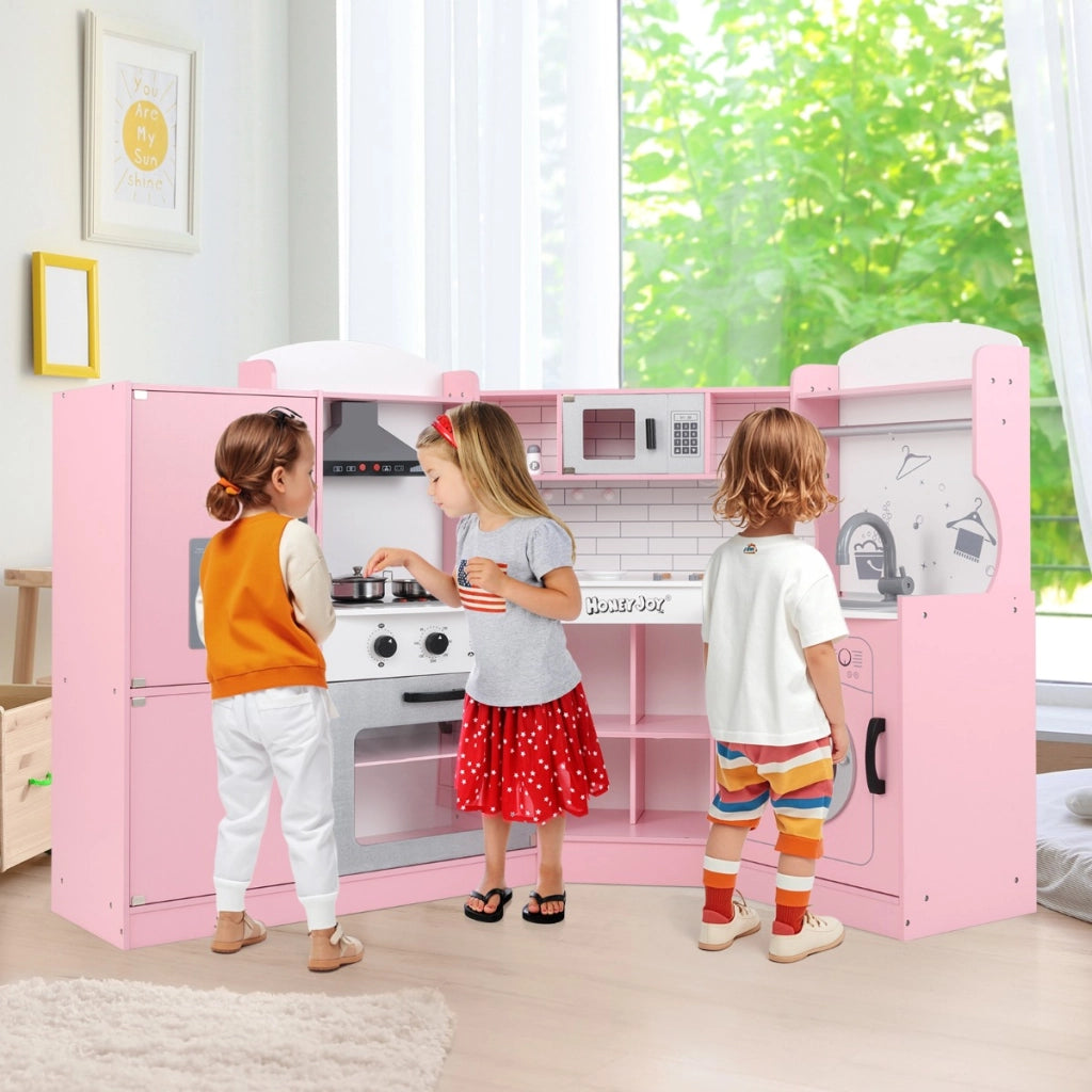 Cucina giocattolo d'angolo per bambini con macchina di ghiaccio, Cucina giocattolo con microonde e forno Rosa