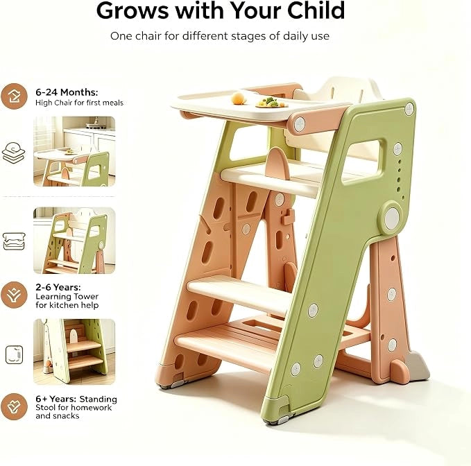 Torre apprendimento pieghevole 1-5 anni; sgabello cucina regol. 3 in 1 vassoio/seduta; antiscivolo/antiribalt.; portata max 50 kg–Verde e marrone
