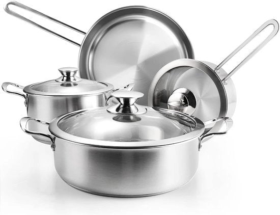 Set di pentole e padelle in acciaio inossidabile - insieme di accessori da cucina - 7 pezzi - con coperchi in vetro