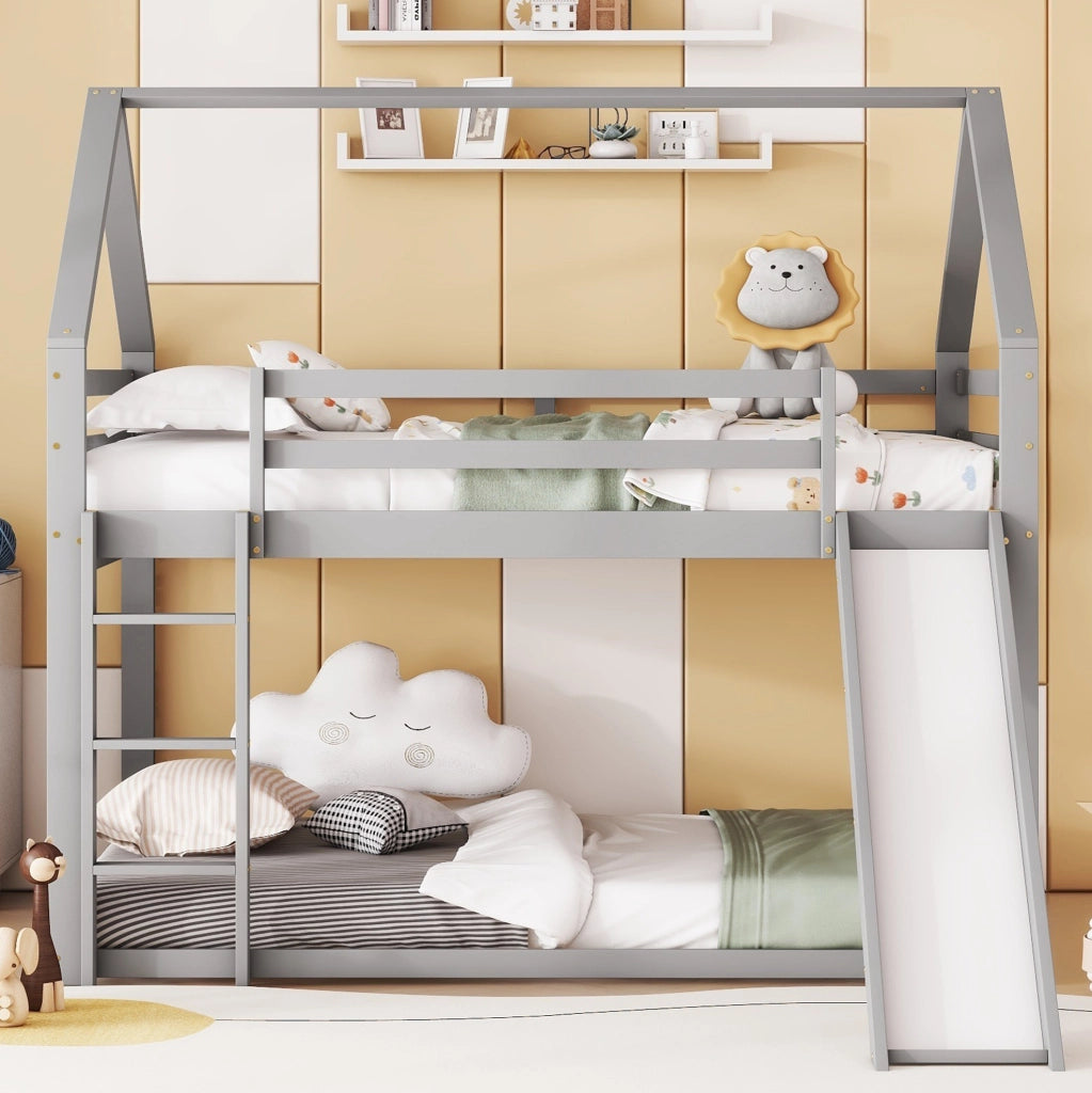 Letto a castello a casetta con scivolo 140x200 cm grigio
