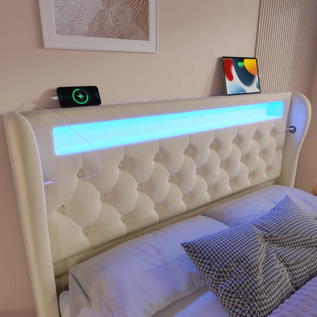 Letto imbottito 140x190 cm beige con LED, USB-C e vano contenitore