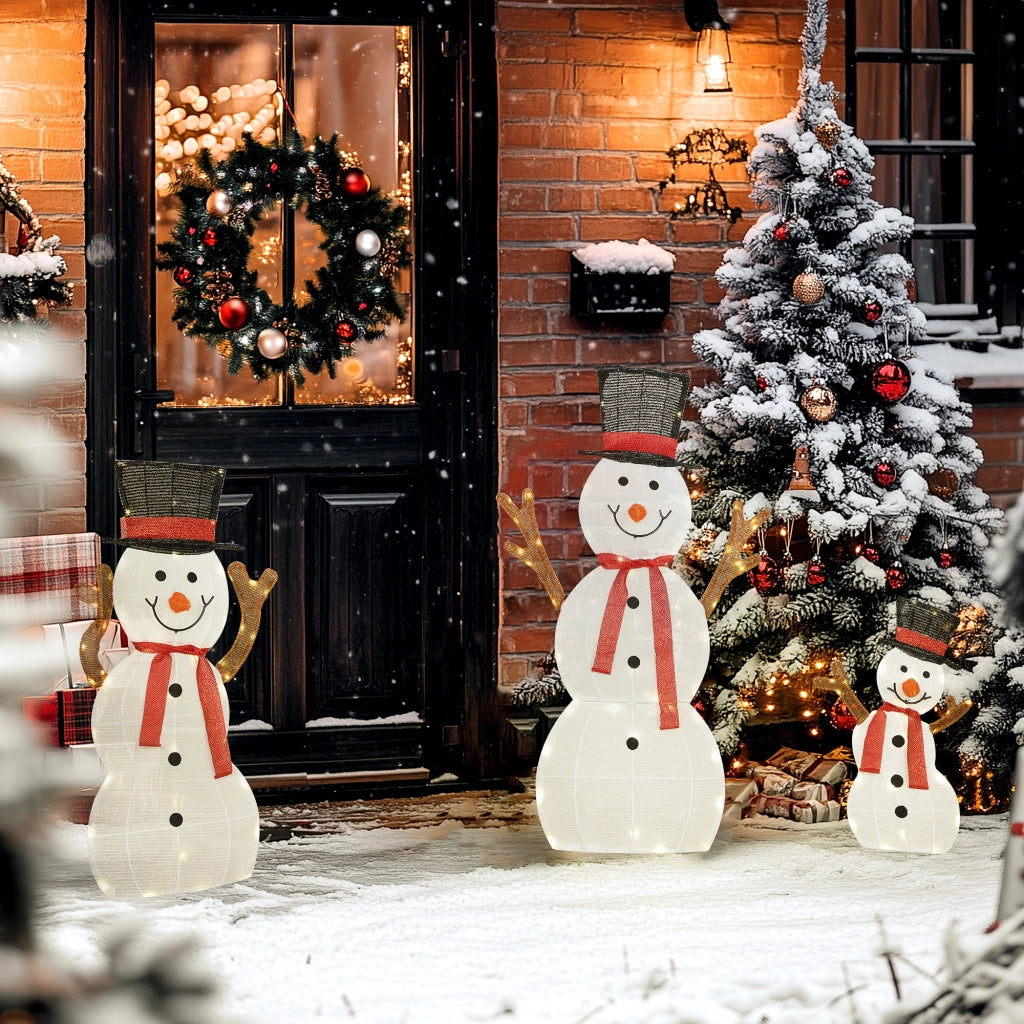 Famiglia di Pupazzi di Neve Natalizi 3 Pezzi ¨C zephmum ¨C Bianco, Acciaio, Polyester, LED, Esterno