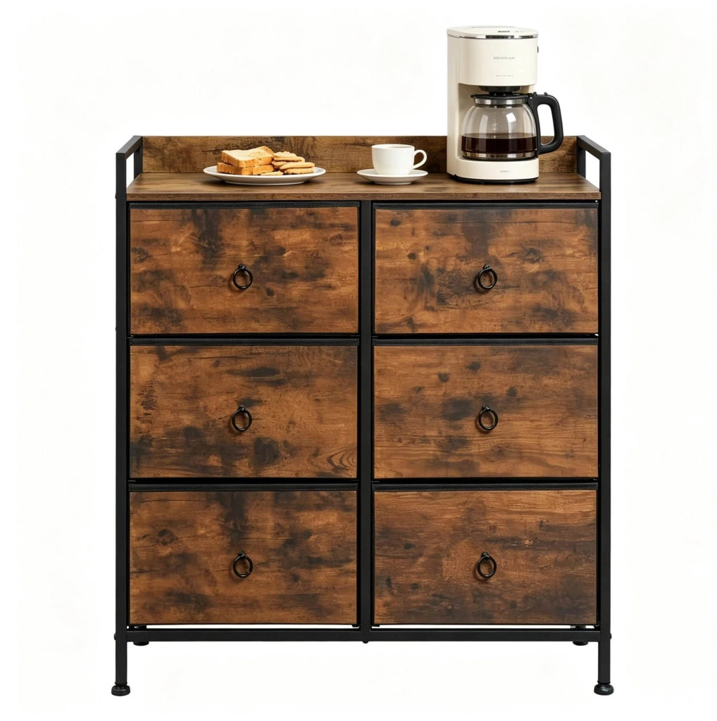 Mobiletto con 6 Cassetti in Legno E1 e Metallo, 80x29x78 cm, Colore Marrone Rustico e Nero
