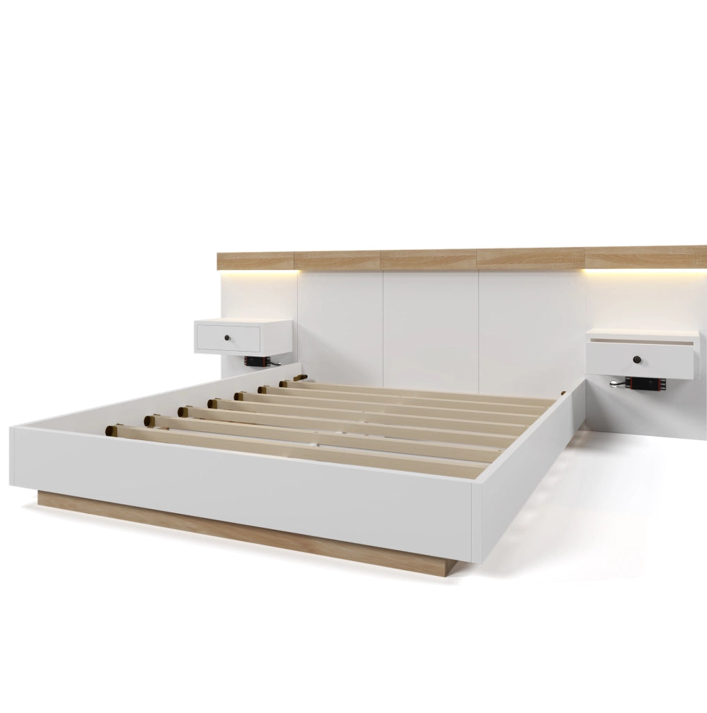 Letto matrimoniale 180x200 cm con 2 comodini LED, USB/Type-C, finitura Sonoma rovere e bianco