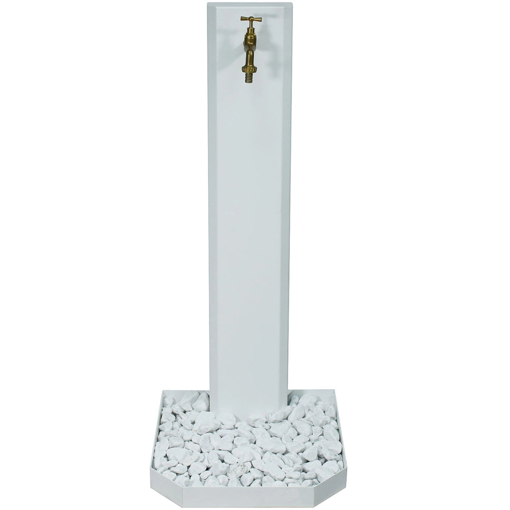 Fontana da Giardino con Rubinetto in Ottone e Base con Ciottoli 40x40x100 cm in Acciaio Bianco
