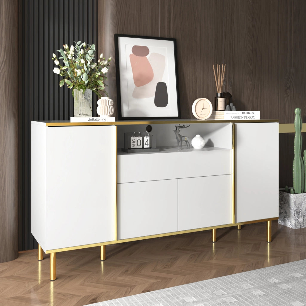 Credenza con 4 Ante e 1 Cassetto; LED; Finitura Lucida; Stile Moderno; per Soggiorno; in MDF; 150??40??80 cm; Bianco