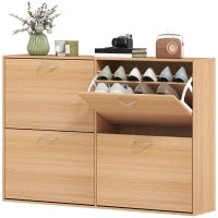 Scarpiera Ingresso Salvaspazio Slim con 4 Ante a Ribalte, Mobile Scarpiera Moderna per 24 Paia di Scarpe con Ripiani Regolabili, Portascarpe in Legno, 120x24x81cm, Color Legno