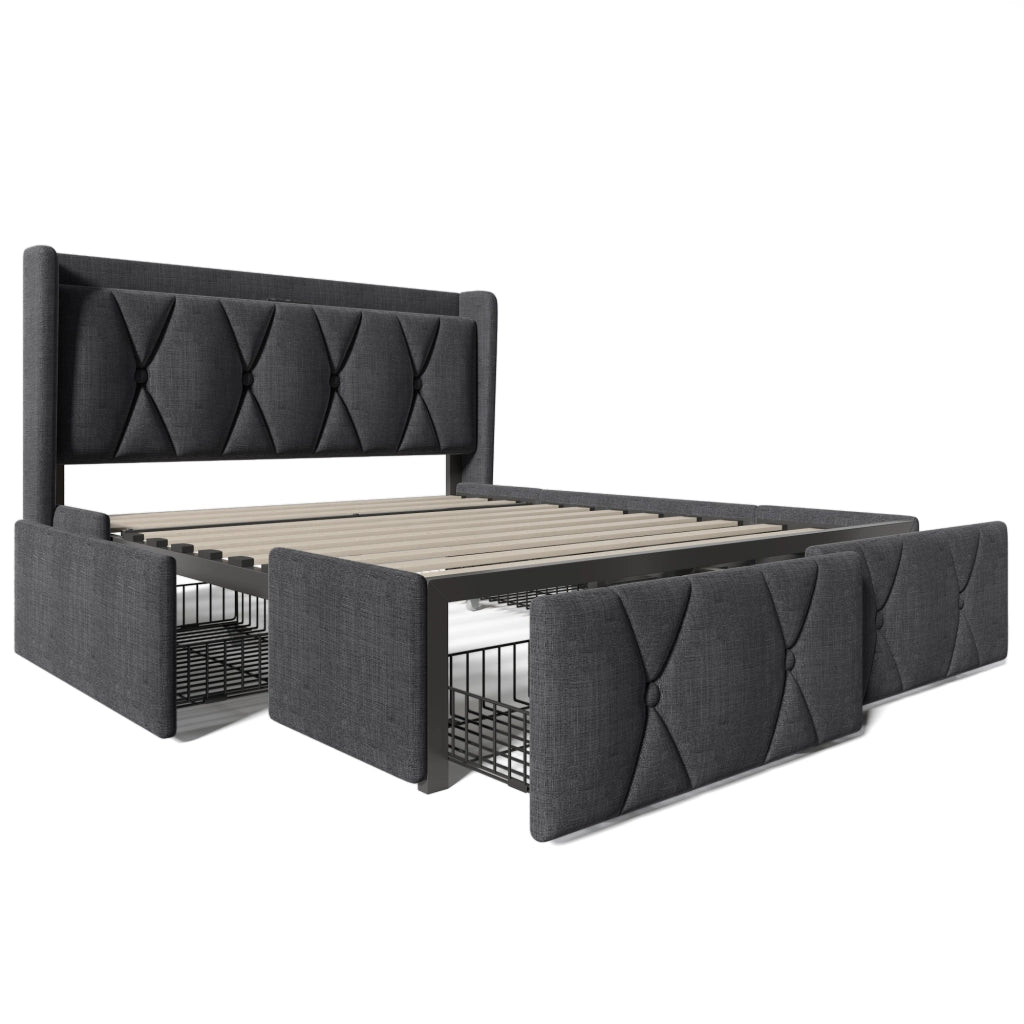 Letto matrimoniale 140x200 cm imbottito con ricarica USB, 4 cassetti, rete in legno e materasso, grigio