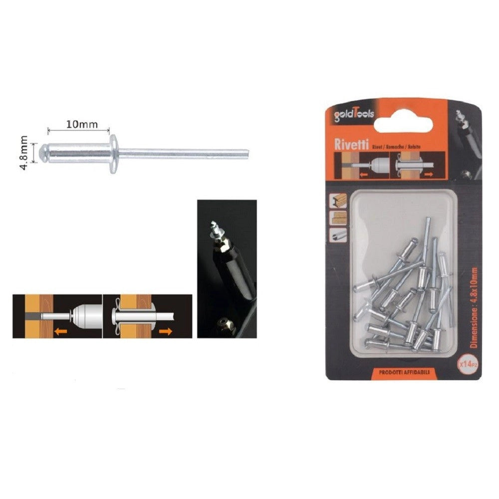 Trade Shop - Set 14pz Rivetti Rivetto 4.8x10mm Accessori Bricolage Ferramenta Fai Da Te 90820 -