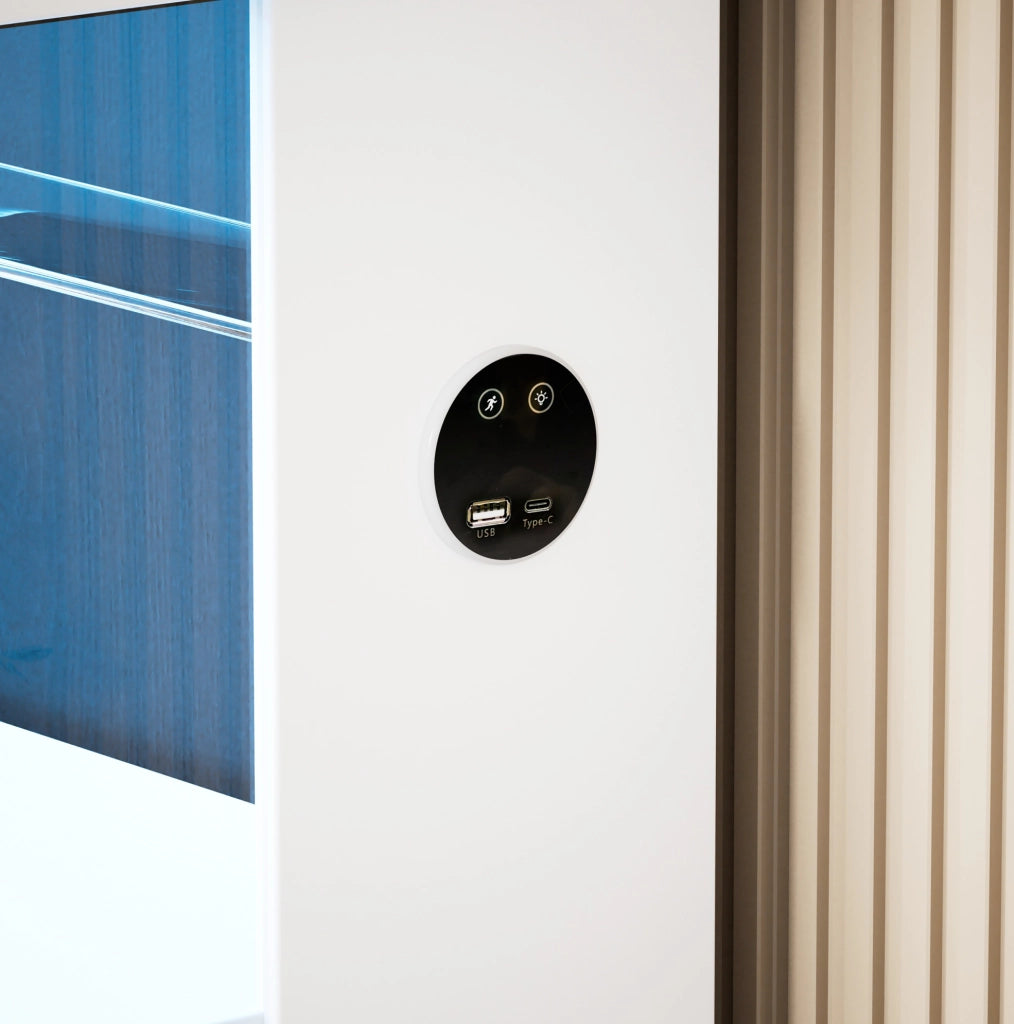 Vetrina in vetro con LED; porta a pressione e ricarica USB-C; 80x35x165 cm; bianco