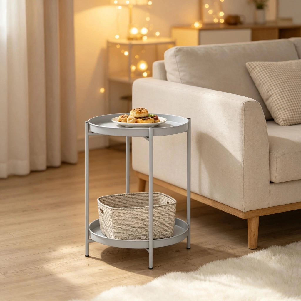 Tavolino basso rotondo con 2 ripiani in metallo, per soggiorno e camera da letto, grigio chiaro, 44 × 44 × 53 cm