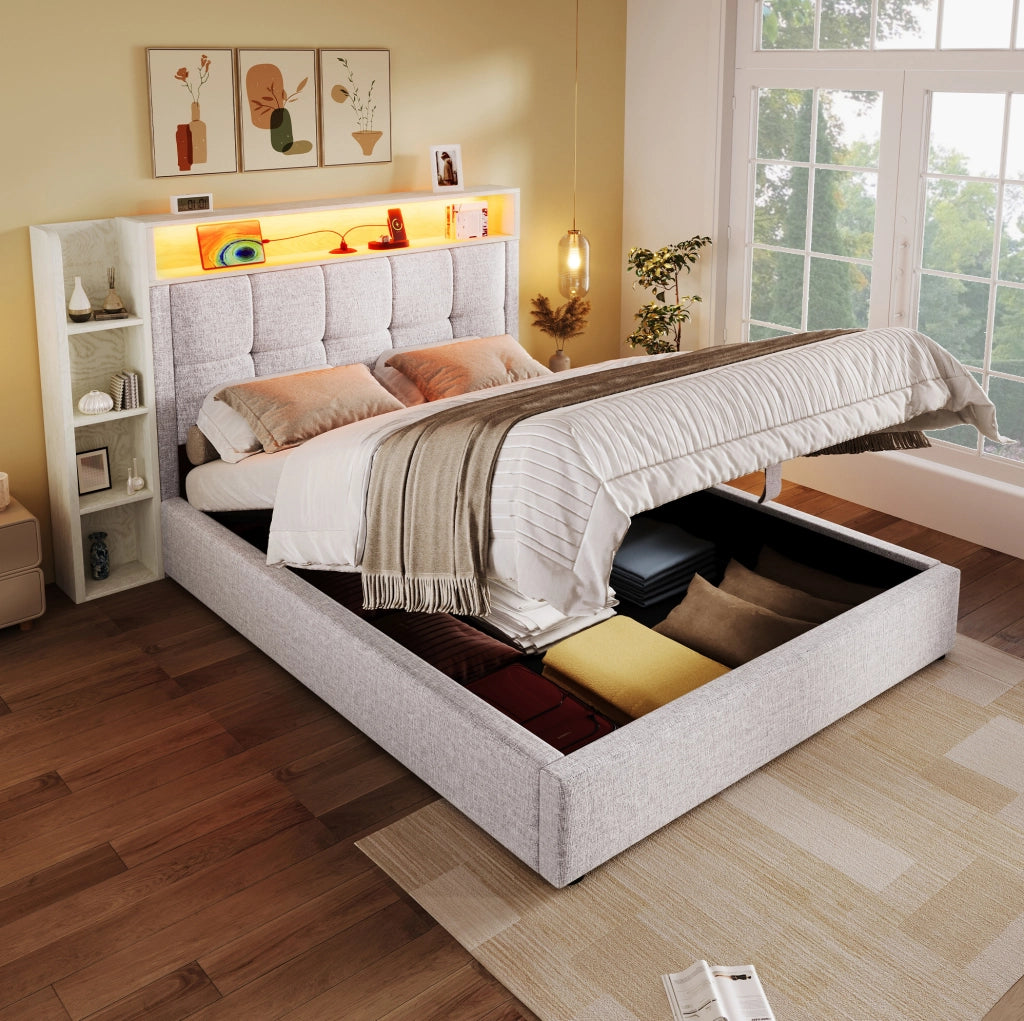Letto singolo imbottito 90x200 cm beige con LED e USB-C