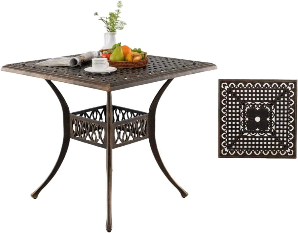 Tavolo da giardino quadrato con foro di 4,8 cm, tavolo da balcone con piedini regolabili, tavolo da bistrot in alluminio pressofuso, tavolo da pranzo per balcone, terrazza, giardino, 80 x 80