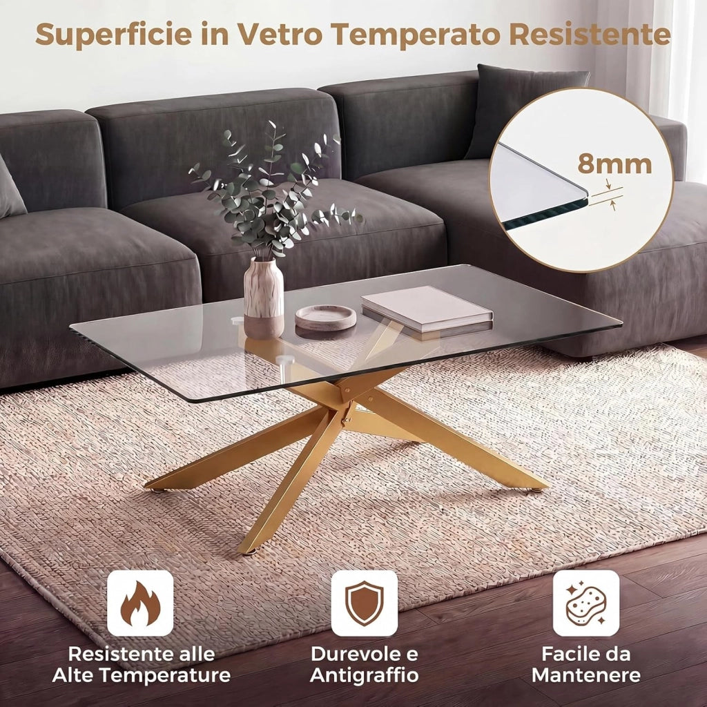 Tavolino da Salotto con Piano in Vetro Temperato, Gambe Incrociate e Piedini Regolabili, Tavolo Basso in Stile Industriale per Soggiorno, Camera da Letto, Ufficio, 120 X 60 X 45,5 CM (Dorato)