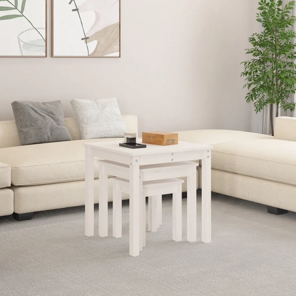 Tavolini a Incastro 3 pz Bianco in Legno Massello di Pino cod mxl 18210