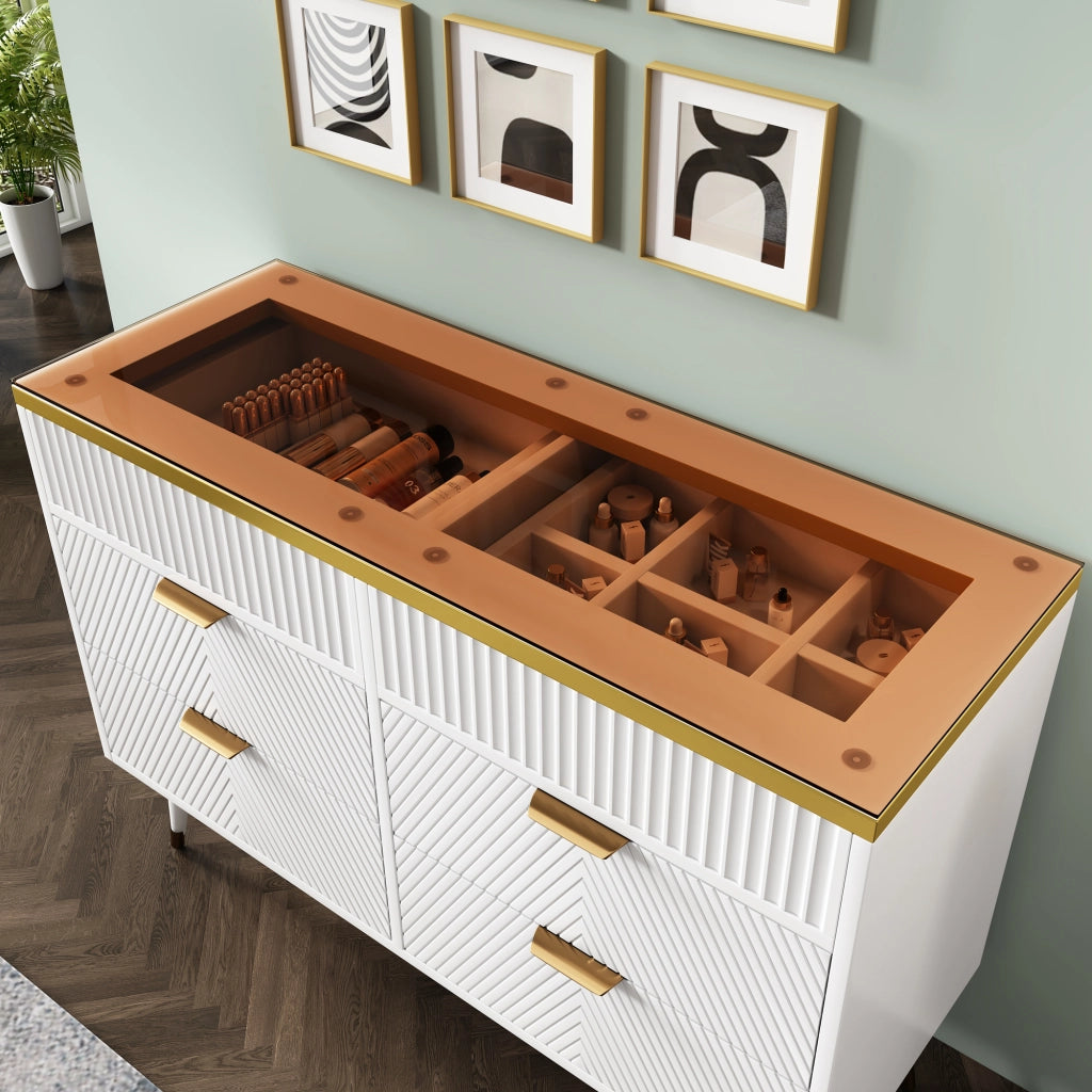 Comò con 6 cassetti e divisori rimovibili vetro marrone e metallo bianco 120 × 40 × 76 cm