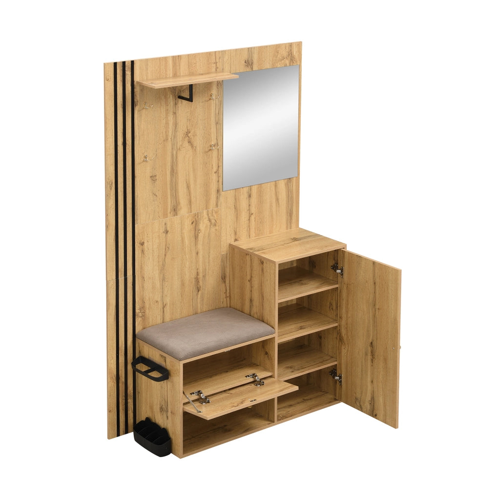 Set mobili ingresso con scarpiera, specchio, seduta imbottita e portaombrelli laterale, MDF naturale
