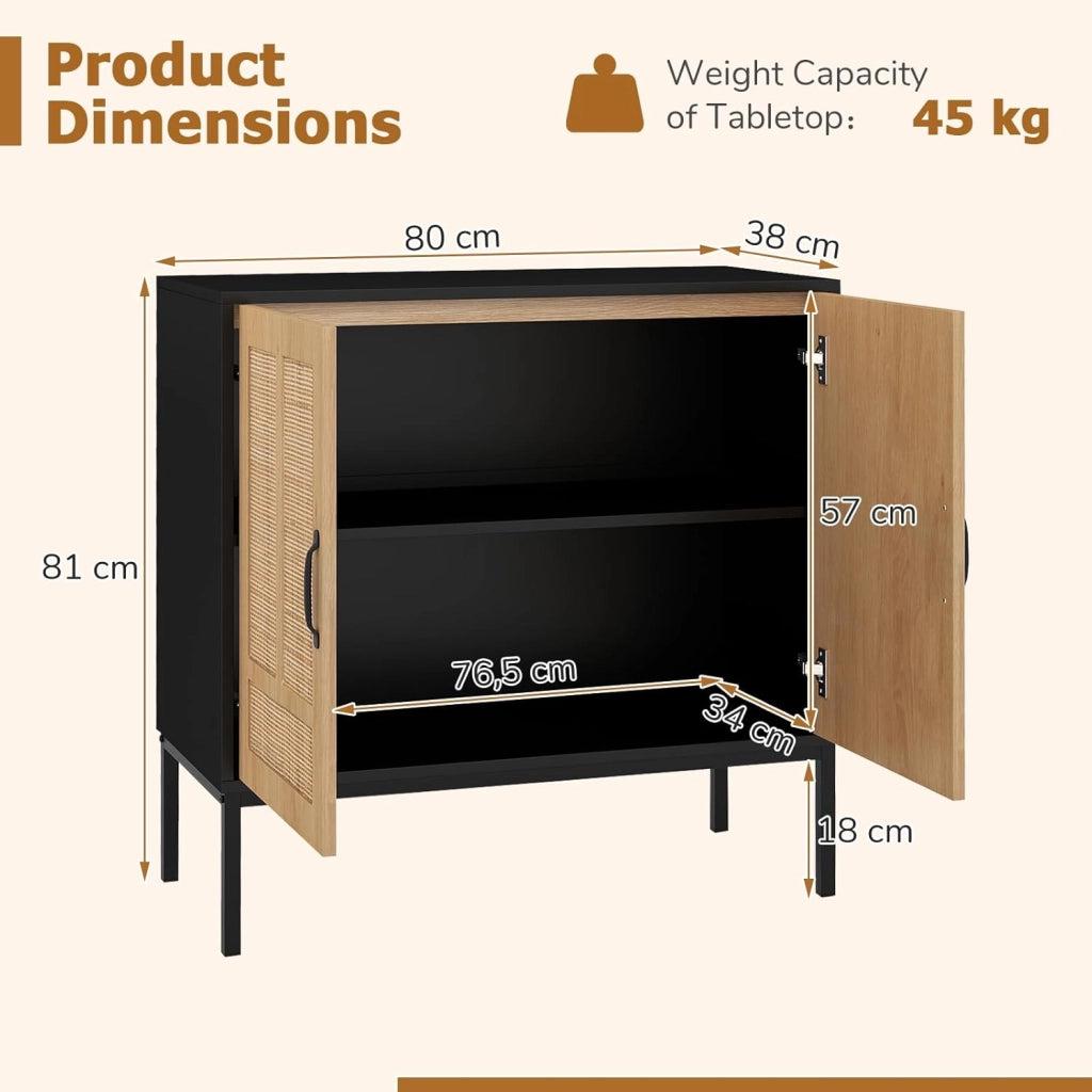 Credenza a buffet da cucina con 2 ante decorate in rattan, mensola regolabile in 3 posizioni, kit antiribaltamento, 80 x 38 x 81 cm, mobile per sala da pranzo, soggiorno (nero)
