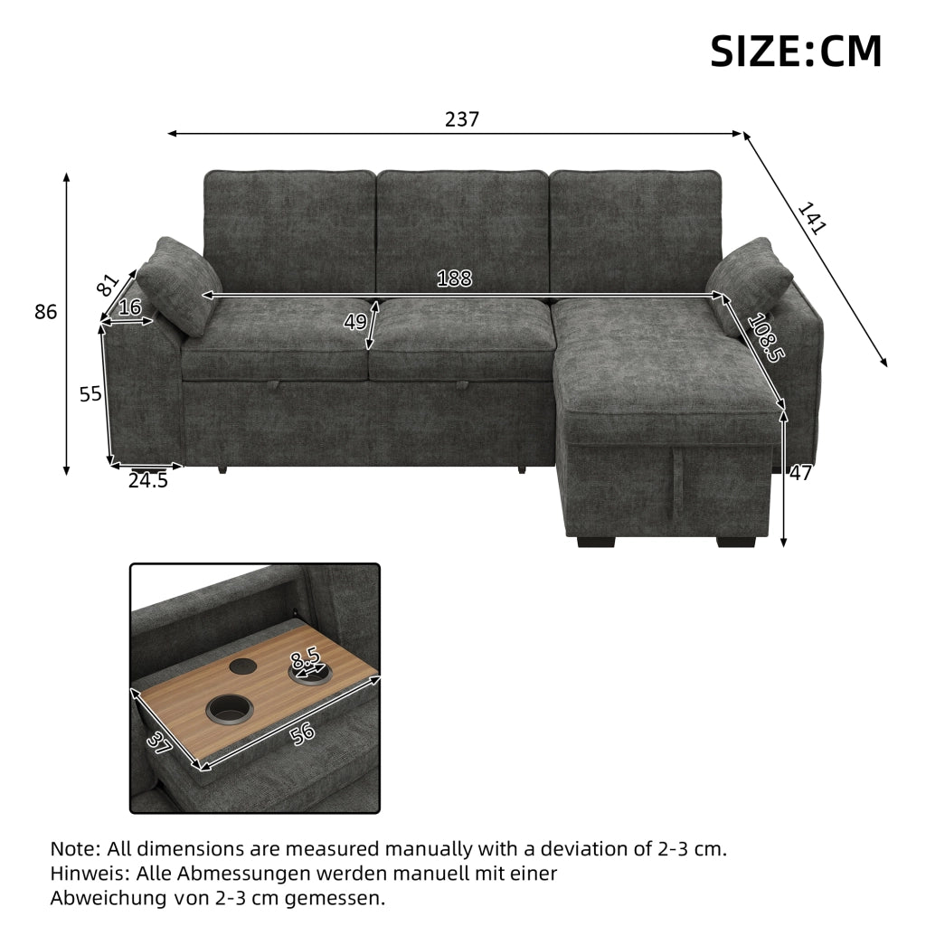 Divano angolare convertibile con vano contenitore portabicchieri e porta USB in ciniglia grigio 237 × 141 × 86 cm