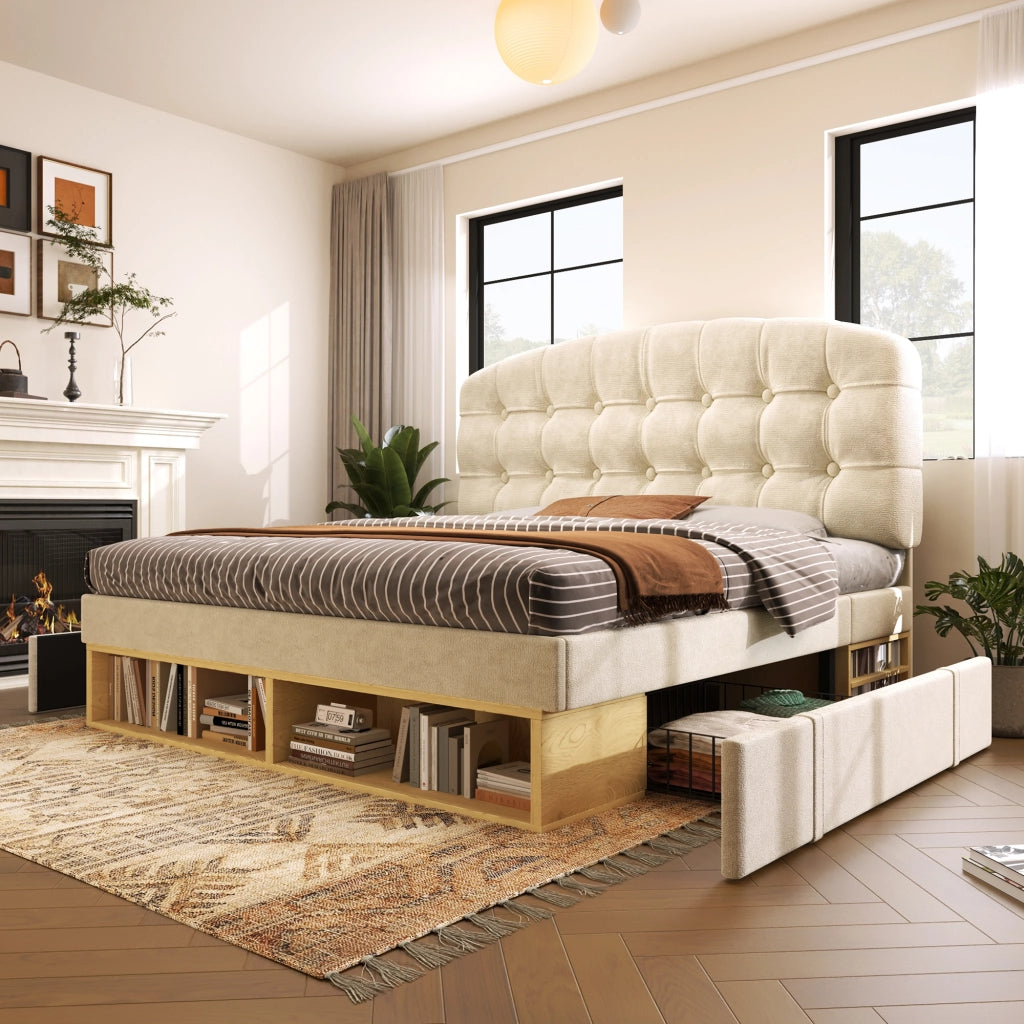 Letto con Cassetti 90 x 200 cm; Letto Singolo - Testiera Regolabile e Vani - Beige