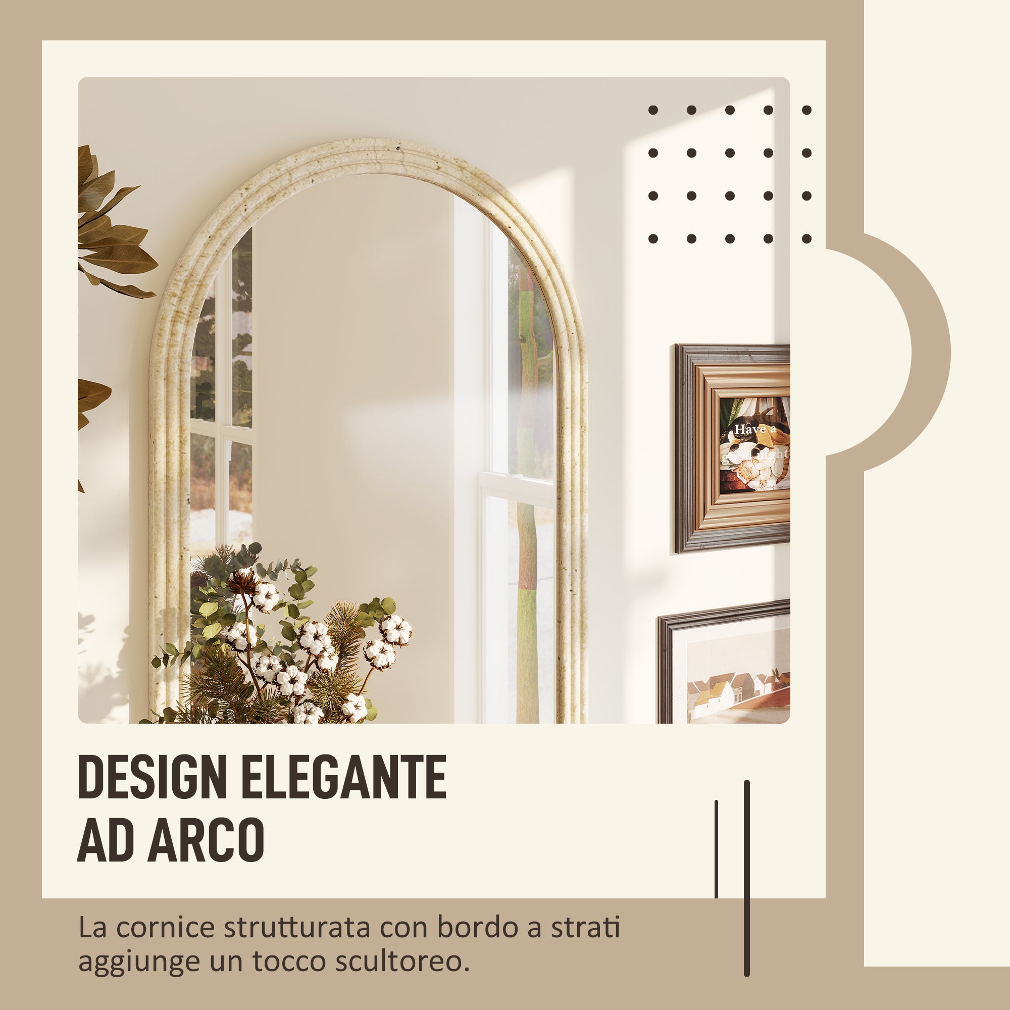 Specchio da Parete ad Arco 50x2x70 cm con Cornice  in Vetro e Polistirene Beige