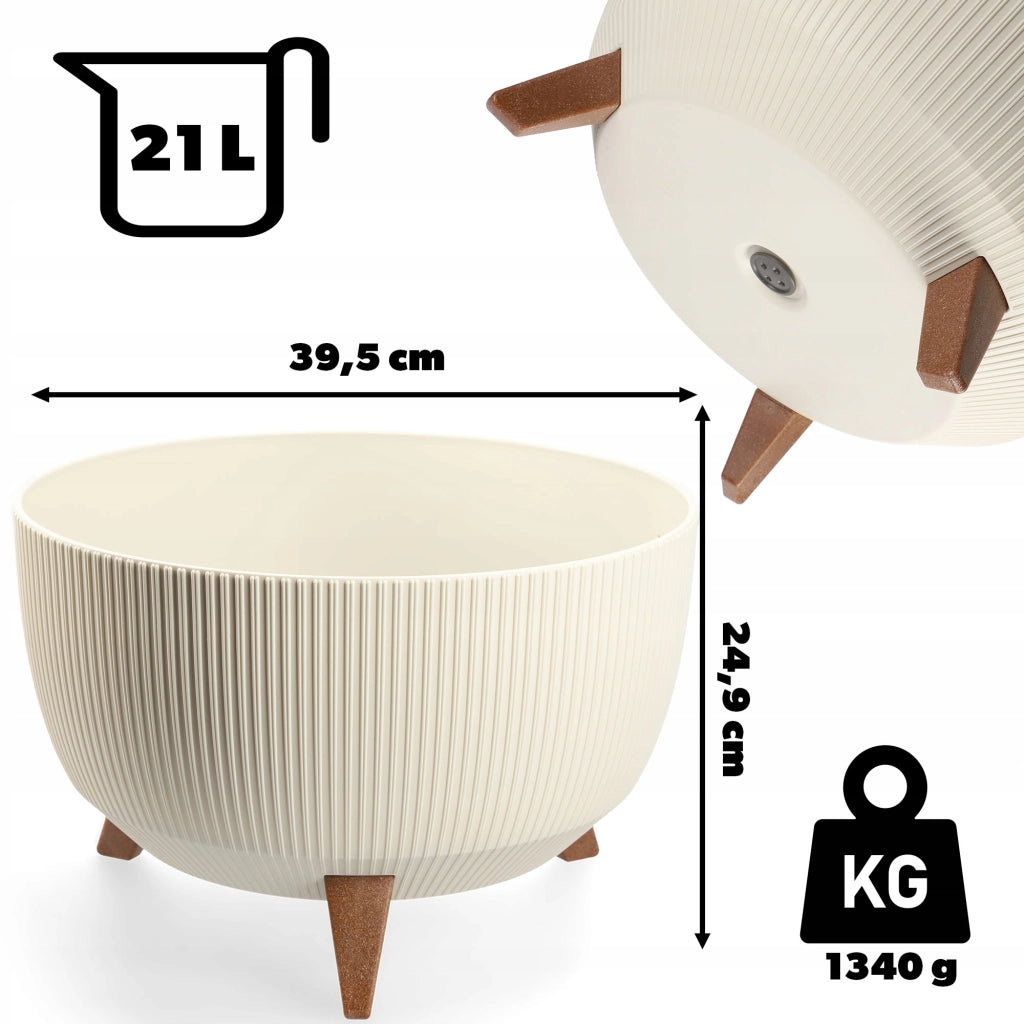 Vaso da fiori KADAX, fioriera, coperchio, gambe, supporto per fiori, inserto, ciotola rotonda, crema, 40 cm