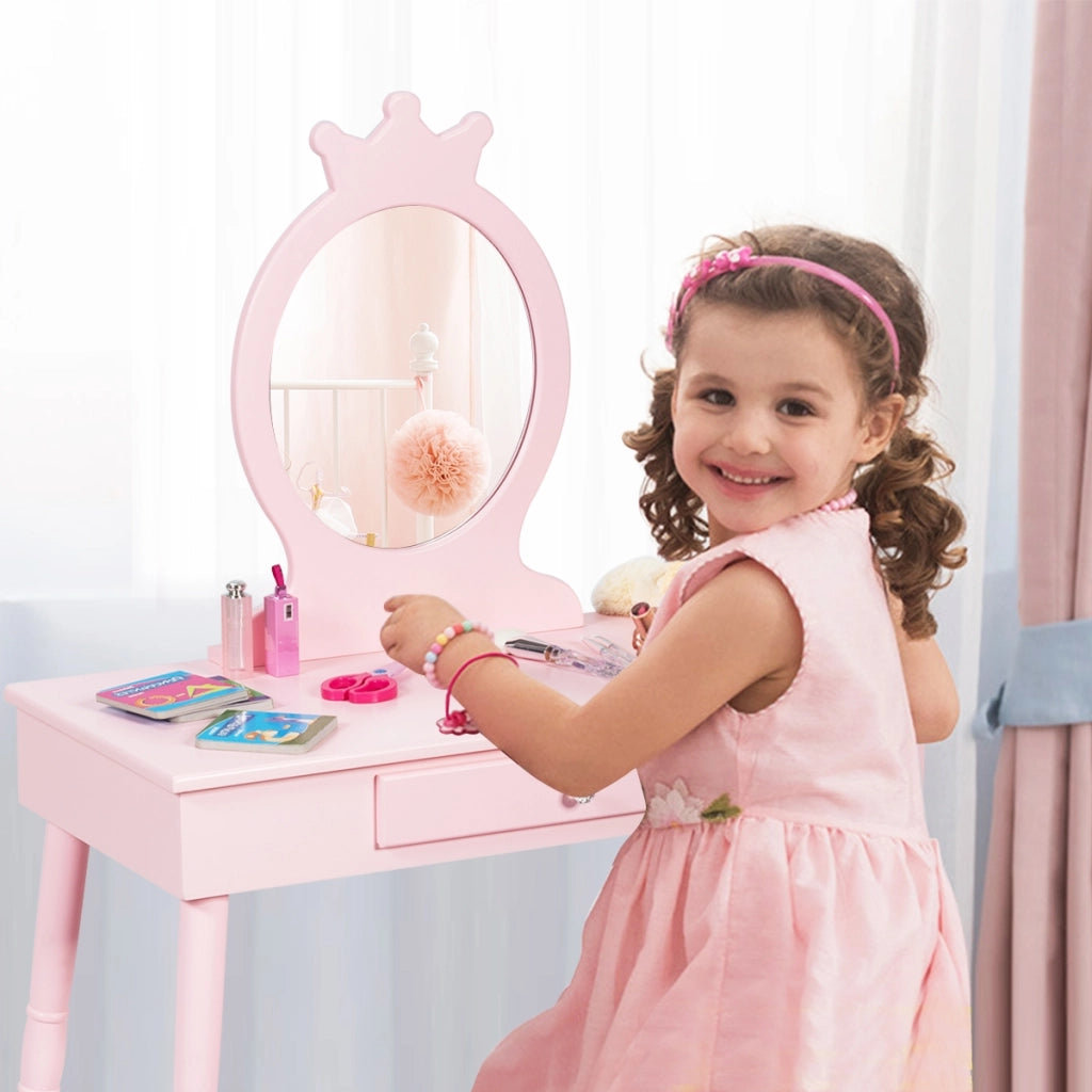 Toeletta con specchio per bambini, Set tavolo e sedia toeletta con cassetti e sgabello imbottito Rosa