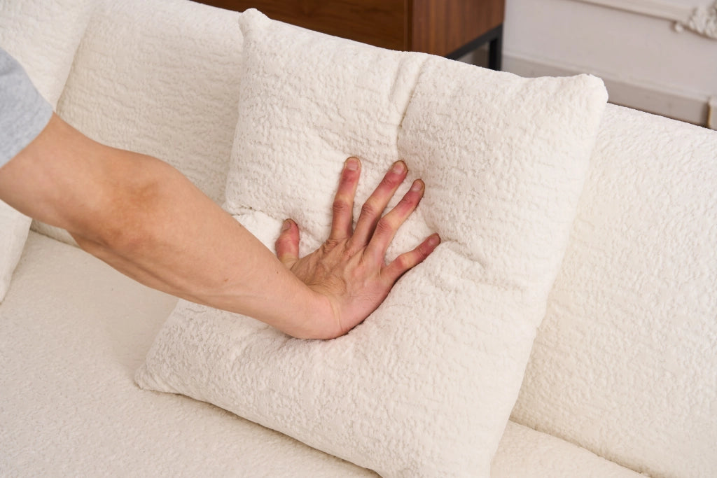 Divano angolare curvo modulare con seduta confortevole e montaggio senza attrezzi in chenille bianco 243 × 150 × 67 cm