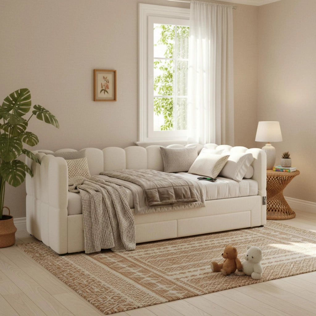 Divano letto con letto estraibile e cassetti, 90x190 cm, lino beige