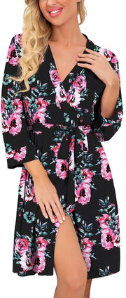 Badjas per donne, camicia da notte corta morbida, V-neck camicia da notte, kimono casual a maglia, camicia da notte leggera per viaggio (disegno flore nero, S)