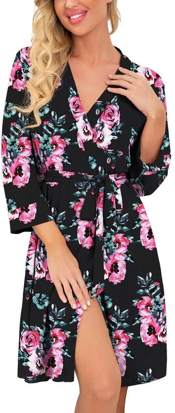 Badjas per donne, camicia da notte corta morbida, V-neck camicia da notte, kimono casual a maglia, camicia da notte leggera per viaggio (disegno flore nero, S)