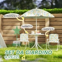 Set da Giardino per Bambini 2-5 Anni con Tavolino Rotondo, 2 Sedie Pieghevoli e un Ombrellone, Bianco
