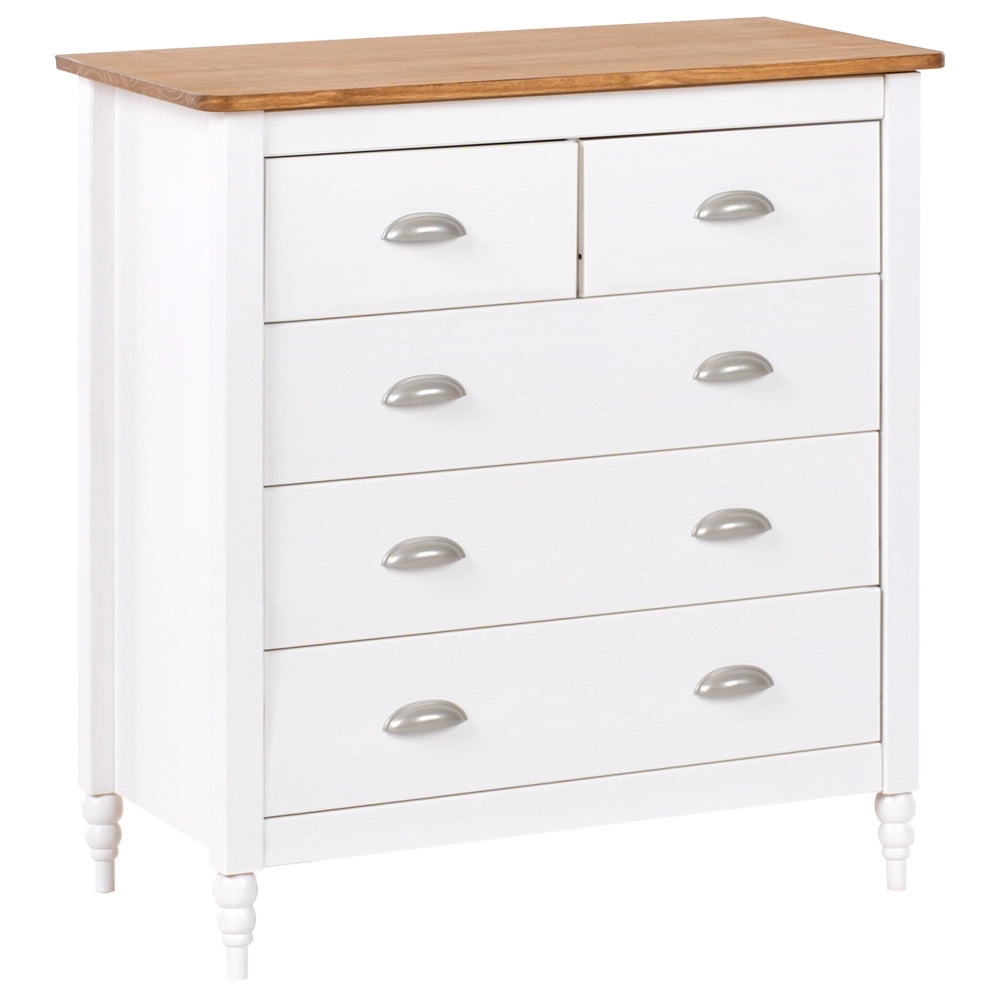 Credenza bianca a 5 cassetti con ripiano in legno in stile scandinavo