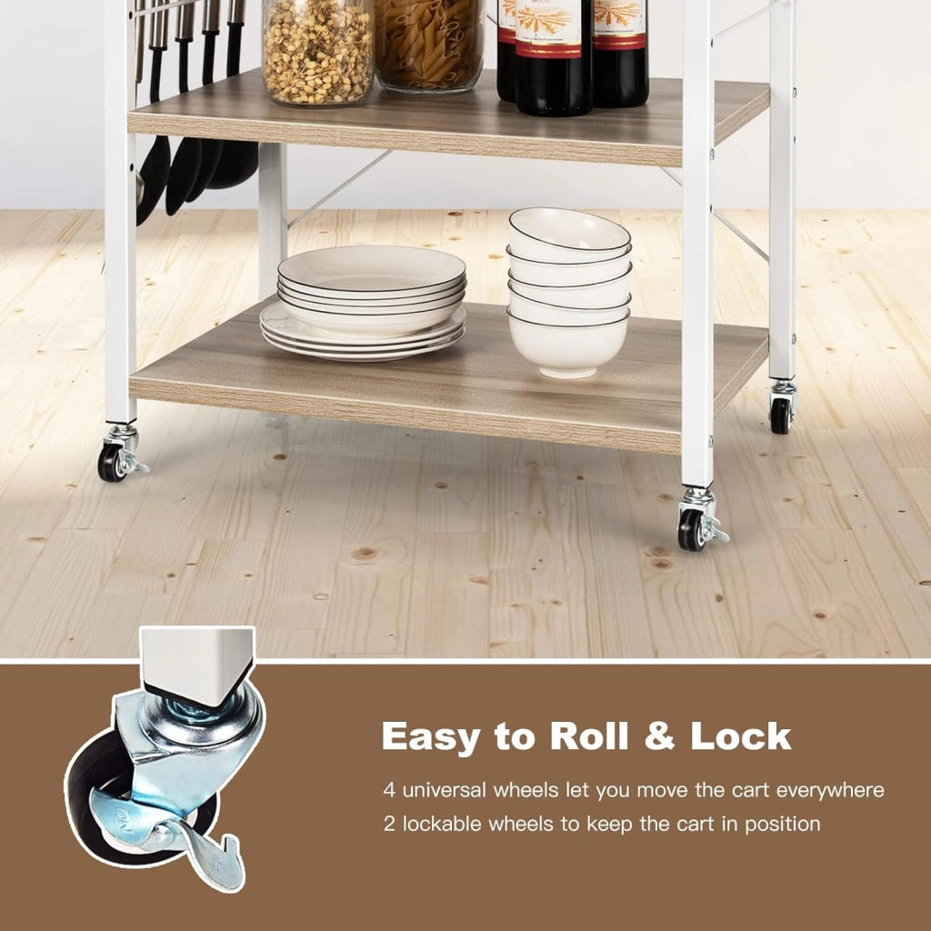 Carrello da Cucina a 3 Livelli con Ripiani Regolabili, Carrello Portaoggetti con 10 Ganci Rimovibili, per Supporto per Microonde, per Cucina e Sala da Pranzo, 60 x 40 x 73 cm (Beige)