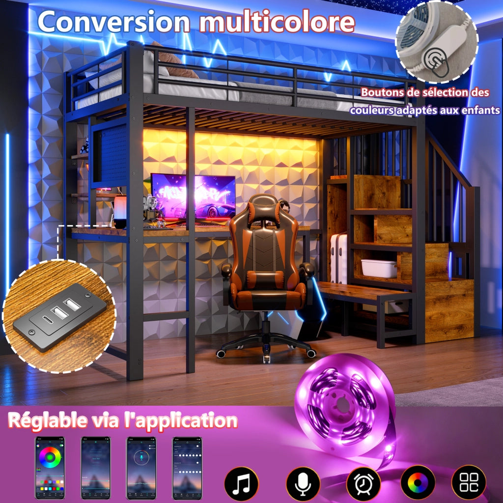 Letto a soppalco in metallo 90x200 cm, letto alto matrimoniale con scrivania, pannello forato, scala contenitore, prese USB/USB-C, ripiani e illuminazione LED, nero