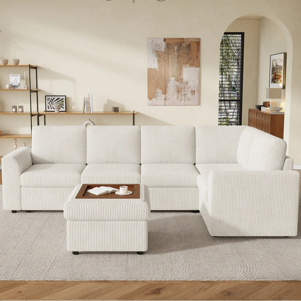 Divano Angolare con Poggiapiedi ¨C MINIMAL ¨C Velluto a Coste Beige, 282x85x153 cm