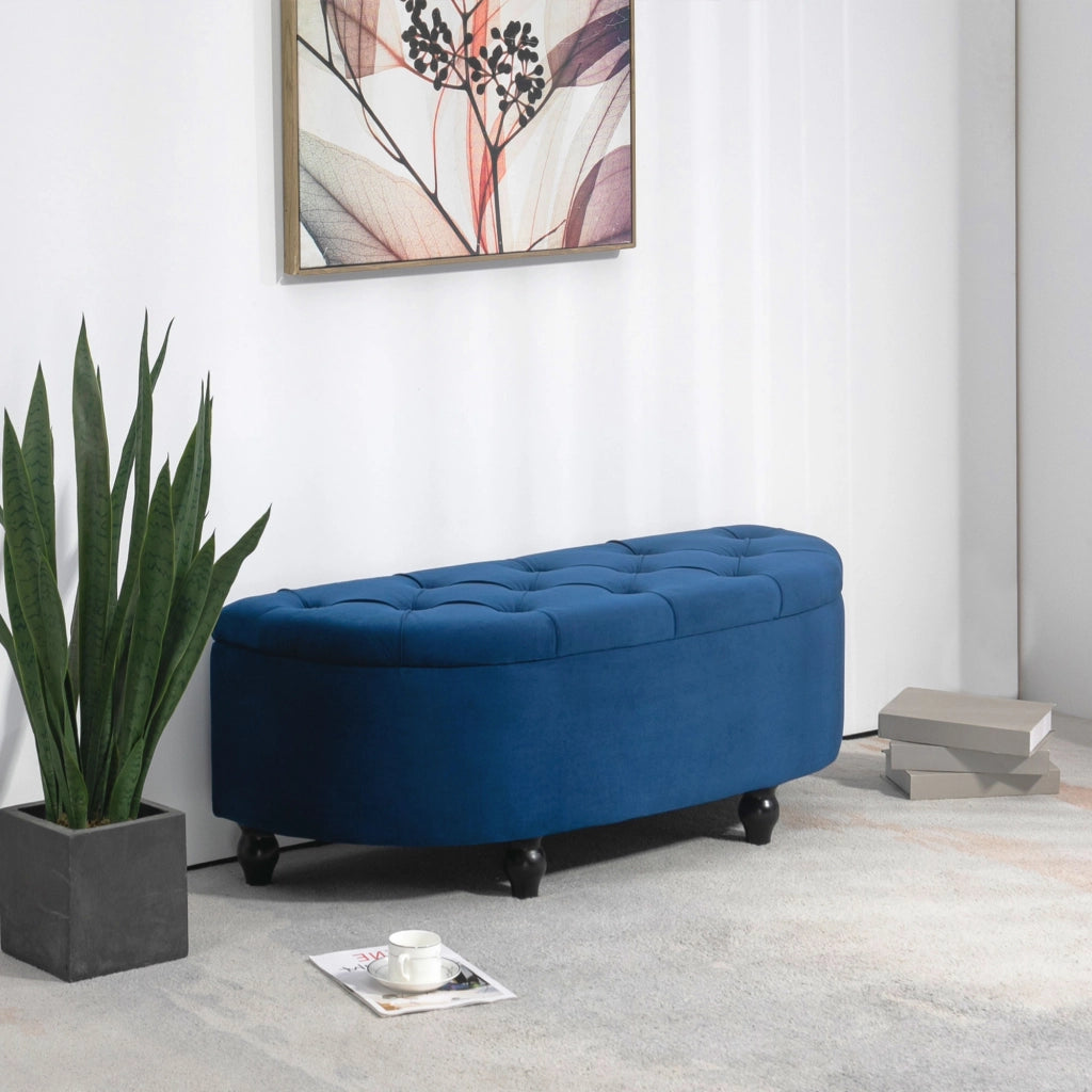 Pouf Contenitore Capitonn¨¦ Semicircolare ¨C Xylo ¨C Velluto Blu con Gambe in Legno Nero