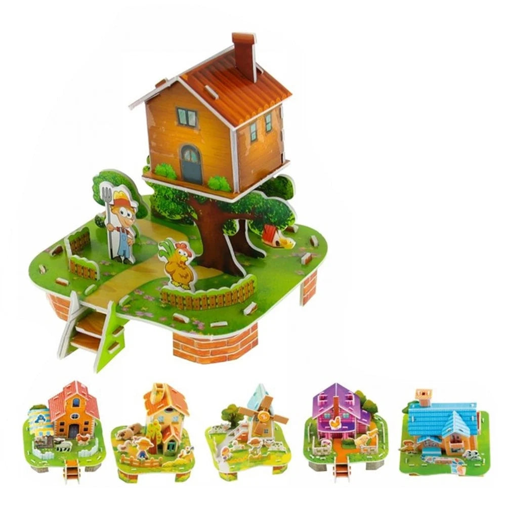 Trade Shop - Kit 12pz Puzzle 3d A Forma Di Casetta In Miniatura Per Bambini Costruzione Fai Da Te 32392 -
