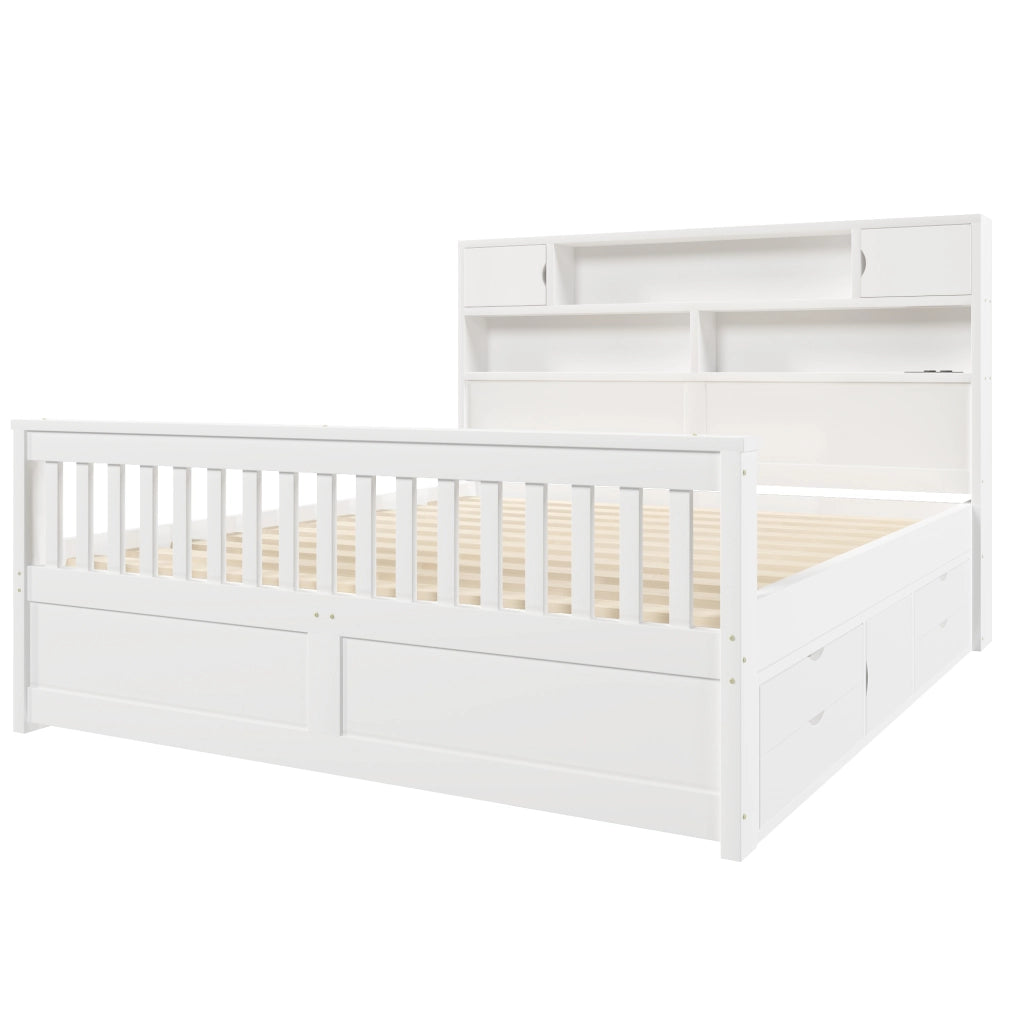 Letto 160x200 cm con cassetti; LED e testiera libreria in MDF e compensato bianco