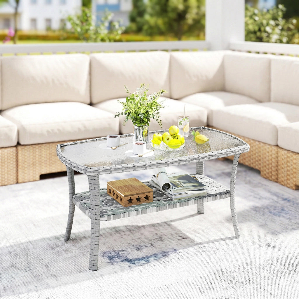 Tavolino da Giardino Rettangolare in Rattan con Ripiano ¨C Xylo ¨C Vetro Temperato Grigio Antracite 90x50x45cm