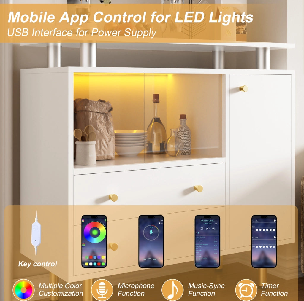 Credenza ULEVR 80x35x80 cm con LED, ante in vetro e cassetti, bianca