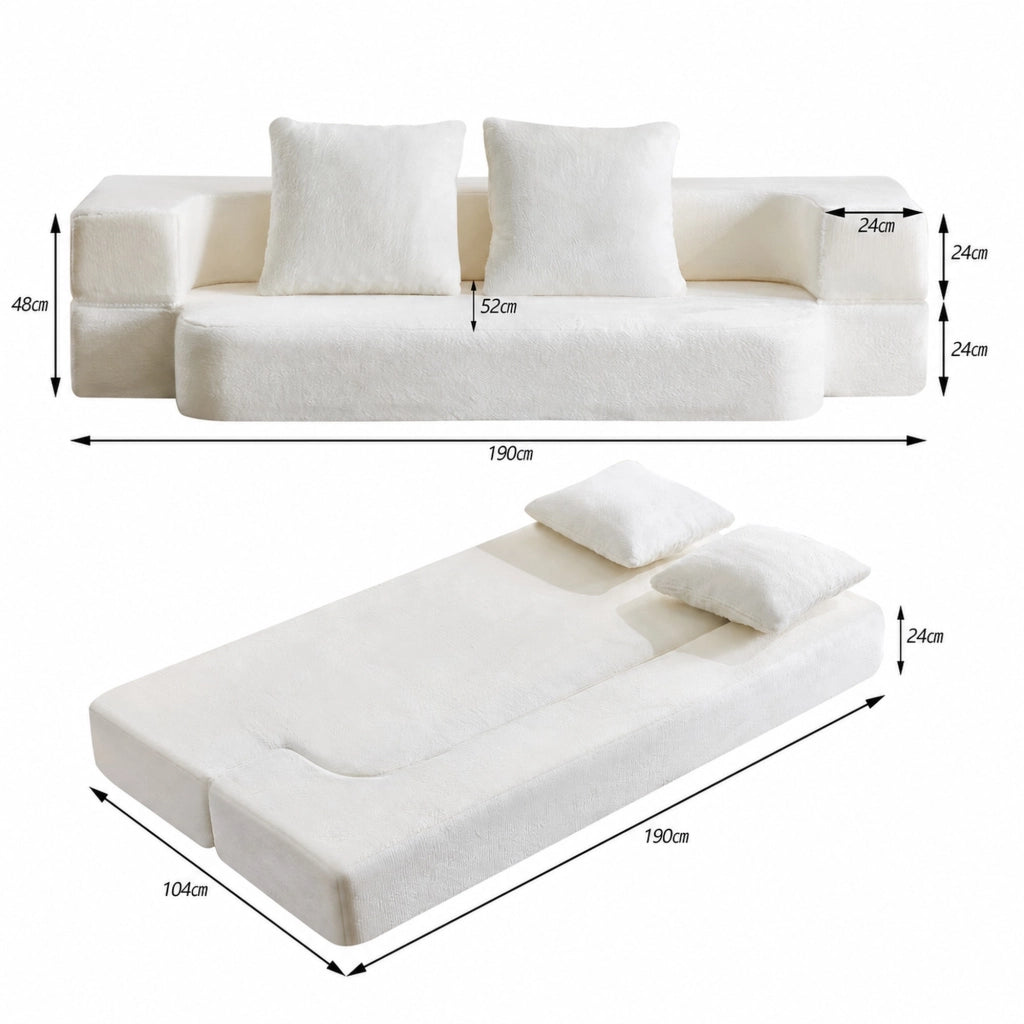 Divano convertibile a due posti in schiuma con supporto ergonomico e cuscini, bianco senza montaggio 31 × 31 × 110 cm