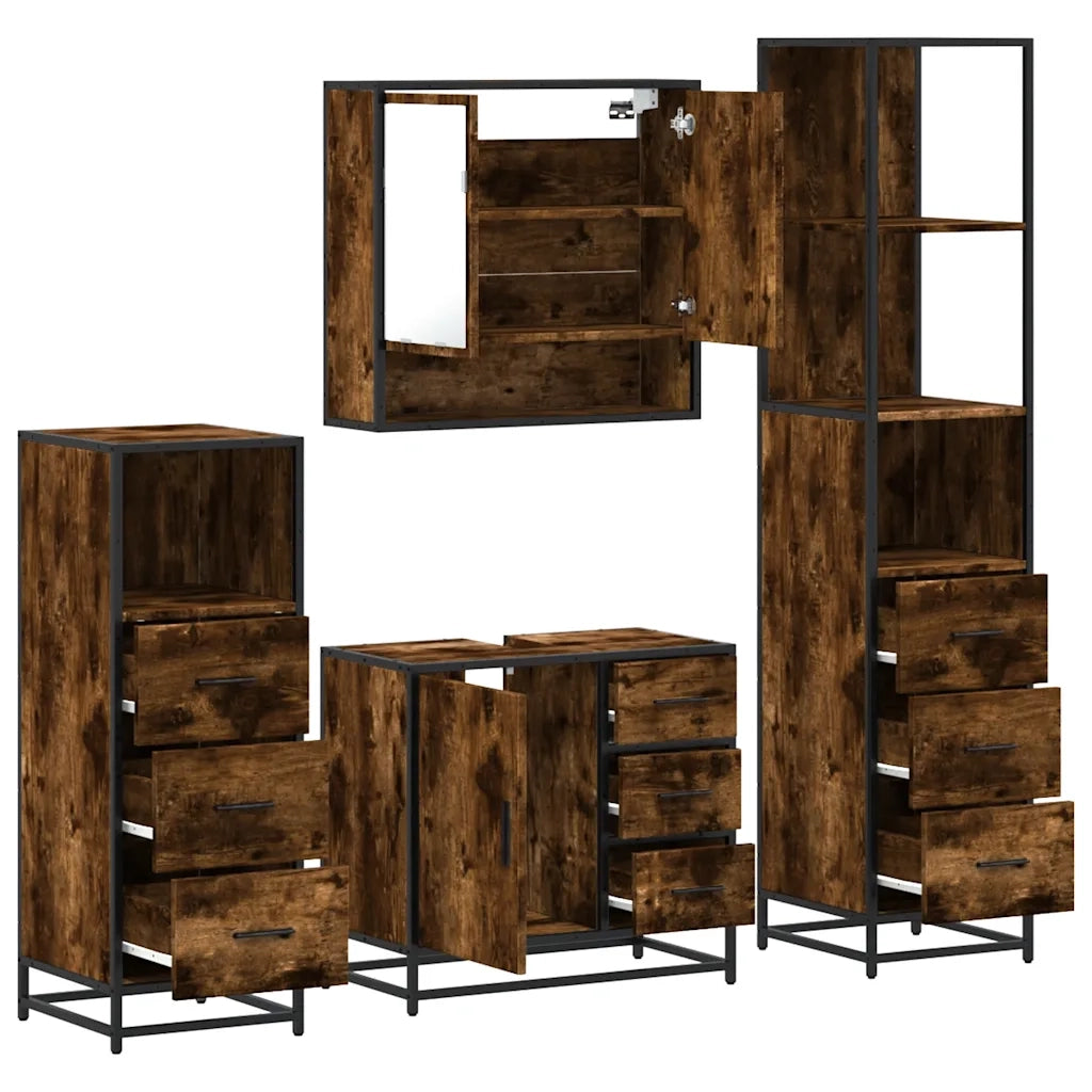 Set Mobili da Bagno 4 pz Rovere Fumo in Legno Multistrato