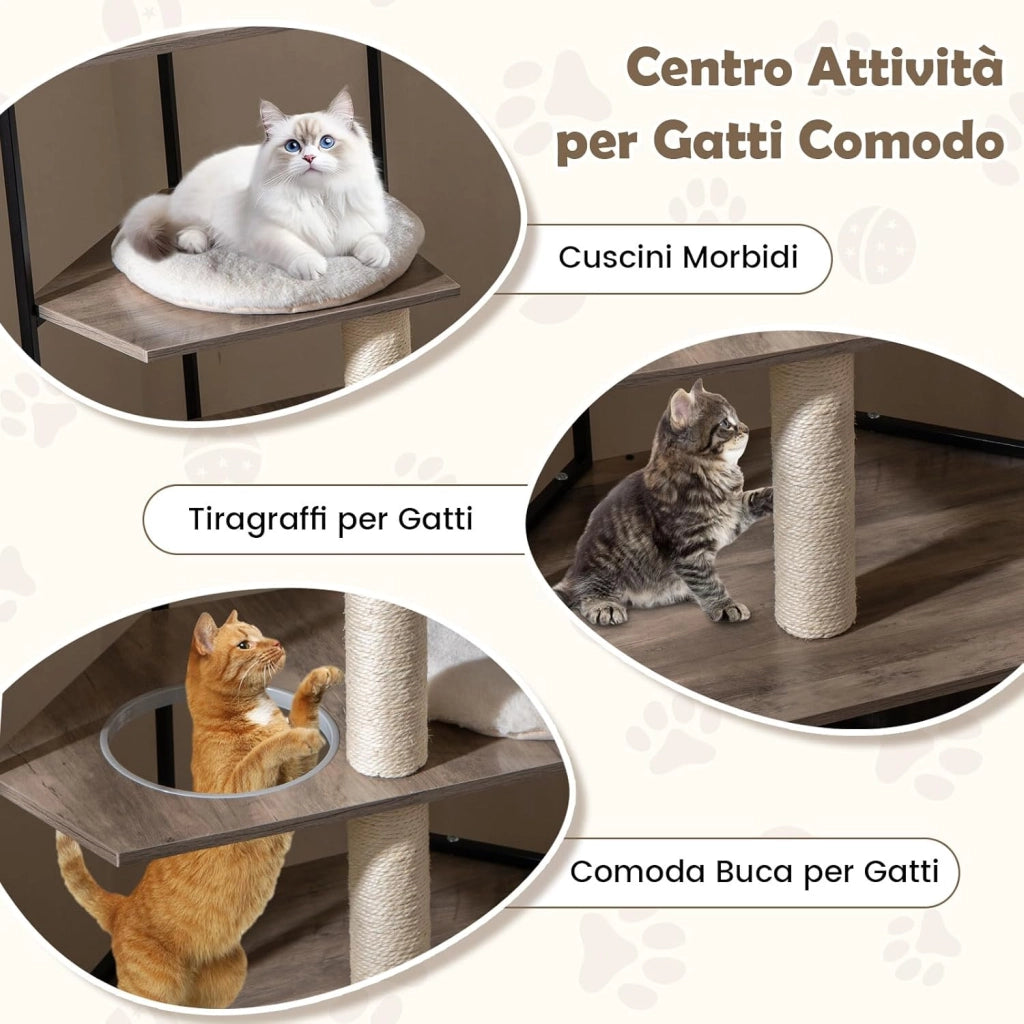 Mobile per Lettiera per Gatti, Mobile Nascosto per Gattini con 2 Tiragraffi e 3 Tappetini, Foro per Gatto, Struttura in Metallo e Pallina Appesa, Albero per Gatti in Legno da Interno